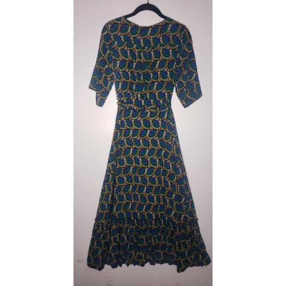 Silk & Salt Journey Maxi Wrap Dress African Peacock Print Green Blue NEW Medium - Picture 10 of 12